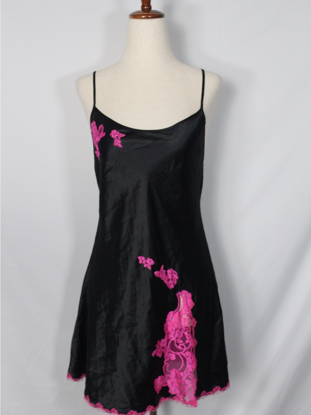 Vintage Y2K Victoria's Secret Black Slip with Hot Pink Lace Appliqué